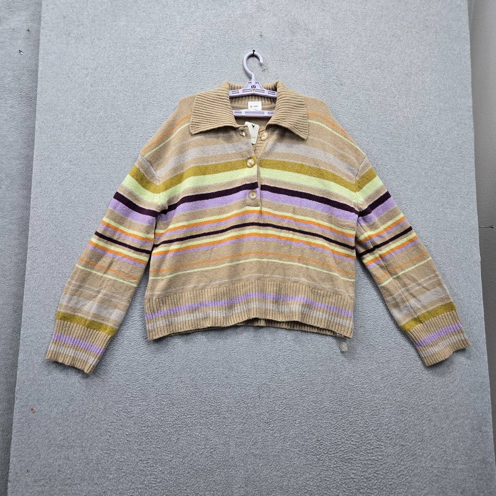 Free People Women Sweater XL Tan Striped OB2414495 Button Stretch NWT